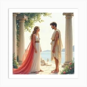 Watercolor The Story Of Eros And Psyche In A Dreamy Greek Setting 1 Art Print