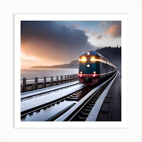 Train On Tracks At Sunset Art Print