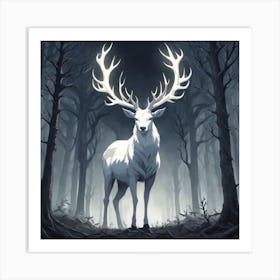 A White Stag In A Fog Forest In Minimalist Style Square Composition 71 Art Print