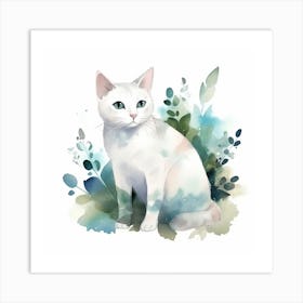 White Cat Watercolor Painting Art Print