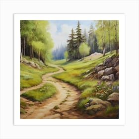 Road In The Woods.A dirt footpath in the forest. Spring season. Wild grasses on both ends of the path. Scattered rocks.Oil colors.16 Art Print