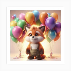 Cute Fox With Colorful Ballloons Art Print