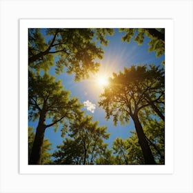 Sun Shining Through Trees In The Forest Art Print