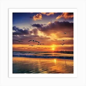 Sunset With Seagulls 2 Art Print