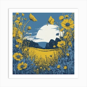 Linocut Flower Meadow Mustard Blue 2 Art Print