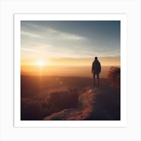 Man Standing On Top Of Mountain At Sunset Art Print