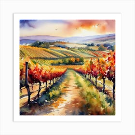 Vineyard Landscape Watercolor Painting 1 Art Print