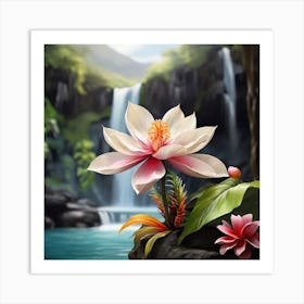 Lotus Flower With Waterfall Art Print