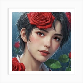 Girl With Red Roses Art Print