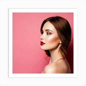 Firefly Elegance In Profile Woman With Brown Eyes And Red Lips On Rosé Background 20525 Art Print