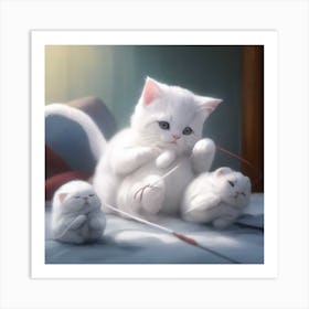 A Little White Cat Playing With Knitting Optimized Art Print