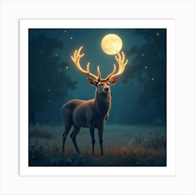 A Magical Deer With Glowing Antlers, Standing In A Meadow Under A Shimmering Moon Art Print