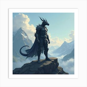 A Dragon Slayer In Dark Armor Standing Atop A Mountain Peak 1 Art Print