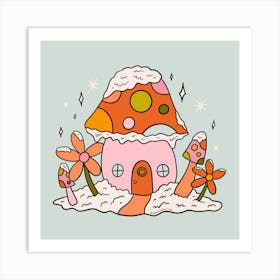 Mushroom Winter Cottage Art Print