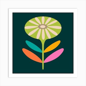 TAMI Mid-Century Modern Retro Floral with Single Round Daisy Flower in Bright Colours on Dark Teal Art Print