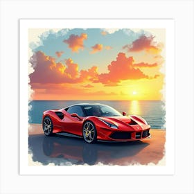 A Ferrari With A Watercolor Sunrise Over A Calm Sea Horizon 1 1 Art Print