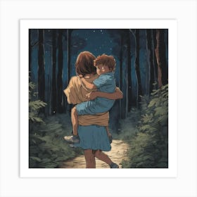 A Mother Carries Her Son In The Middle Of A Forest .. Art Print