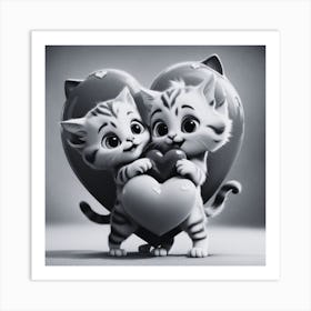 Black and White Lovers Cat Holding A Heart Art Print