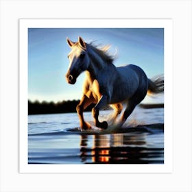 White Horse Running In Water 4 Art Print