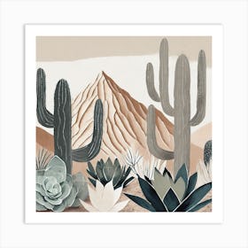 Firefly Modern Abstract Beautiful Lush Cactus And Succulent Garden In Neutral Muted Colors Of Tan, G (14) Art Print