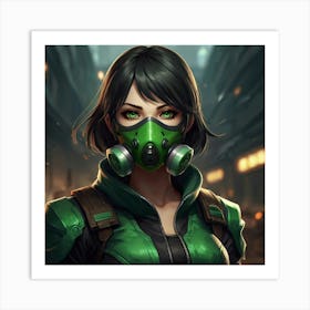 masterpiece, best quality, (Anime:1.4), black-haired girl, green eyes, small respirator mask, toxic environment, black leather outfit, epic portraiture, 2D game art, League of Legends style character 1 Art Print