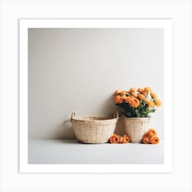 Wicker Baskets With Orange Flowers Art Print