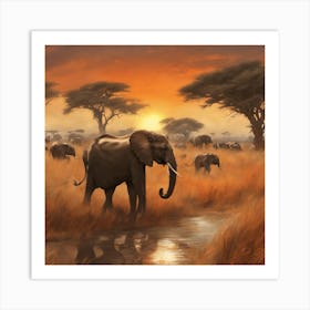 Sunset Elephants Art Print