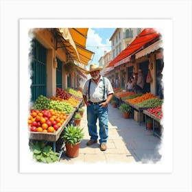 Spanish Man In A Lively Market, Watercolor With Vibrant Activity 1 Art Print