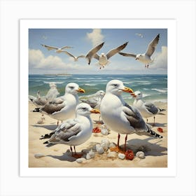 Seagulls On The Shore Square Art Print 1 Art Print