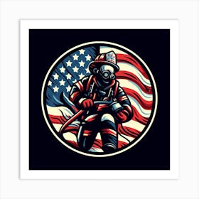 Firefighter With American Flag Art Print