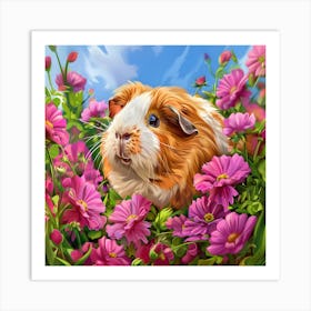 Guinea Pig Among Pink Flowers Art Print