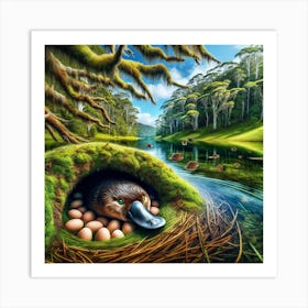 A Platypus In A Lake And On One Side Its Lair With All The Eggs Art Print