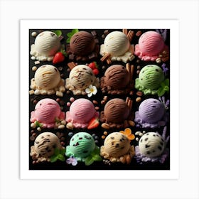 A Delicious Array of Ice Cream Scoops in a Grid Pattern, Showcasing Various Flavors and Toppings Art Print