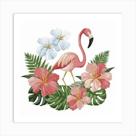 Flamingo And Flowers 1 Art Print