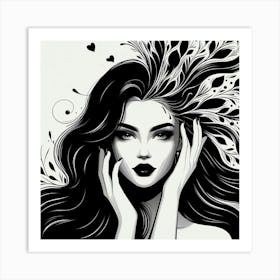 Black And White Girl With Feathers Art Print