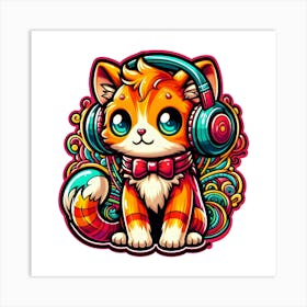 Cat With Headphones 1 Art Print