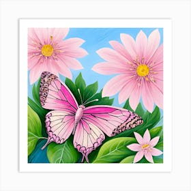 Butterfly And Flowers Abstract Art Print