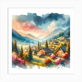 Watercolor Of A Mountain Village Art Print