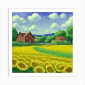 Countryside Harmony A Farmhouse View Sunflowers In The Field Art Print