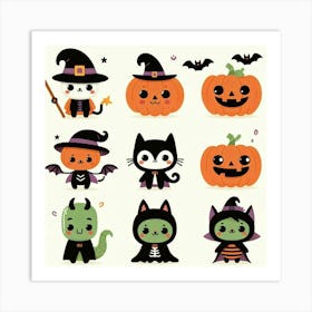 Set Of Cute Halloween Characters - Vector style Illustration Art Print