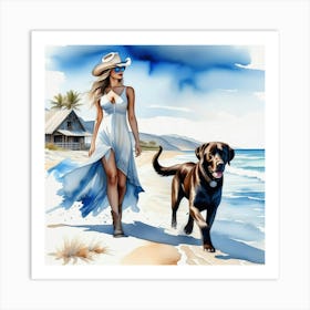 Coastal Cowgirl on Beach with Dog Art Print