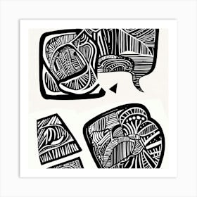 Retro Inspired Linocut Abstract Shapes Black And White 1 Art Print