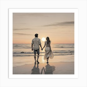 Couple Walking On The Beach At Sunset Art Print