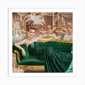 Decadent Young Woman After The Dance With Cats Green Sofa (2) Art Print