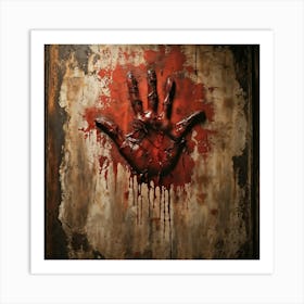 Bloody Handprint Smeared Across An Aged Wall Texture Of Dripping Blood Eerily Glistening Disturbin Art Print