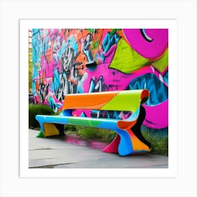 Eco-friendly minimalist park bench, organically inspired by Jeff Koons, featuring functional crime prevention elements amidst a graffiti-filled urban backdrop Art Print