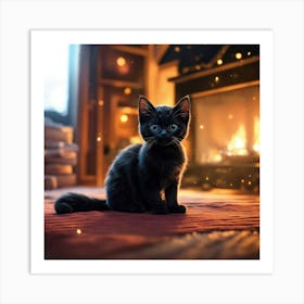 Black Kitten In Front Of Fireplace Art Print