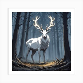 A White Stag In A Fog Forest In Minimalist Style Square Composition 8 Art Print