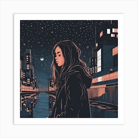 A Girl Inside A Lack At Night Art Print