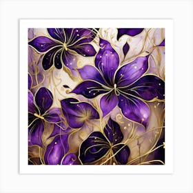 Purple Flowers On A Gold Background Art Print